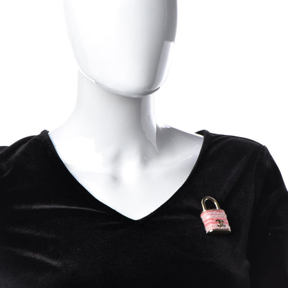 Chanel Tweed CC Oversized Padlock Pin Brooch Pink Gold 2 of 5