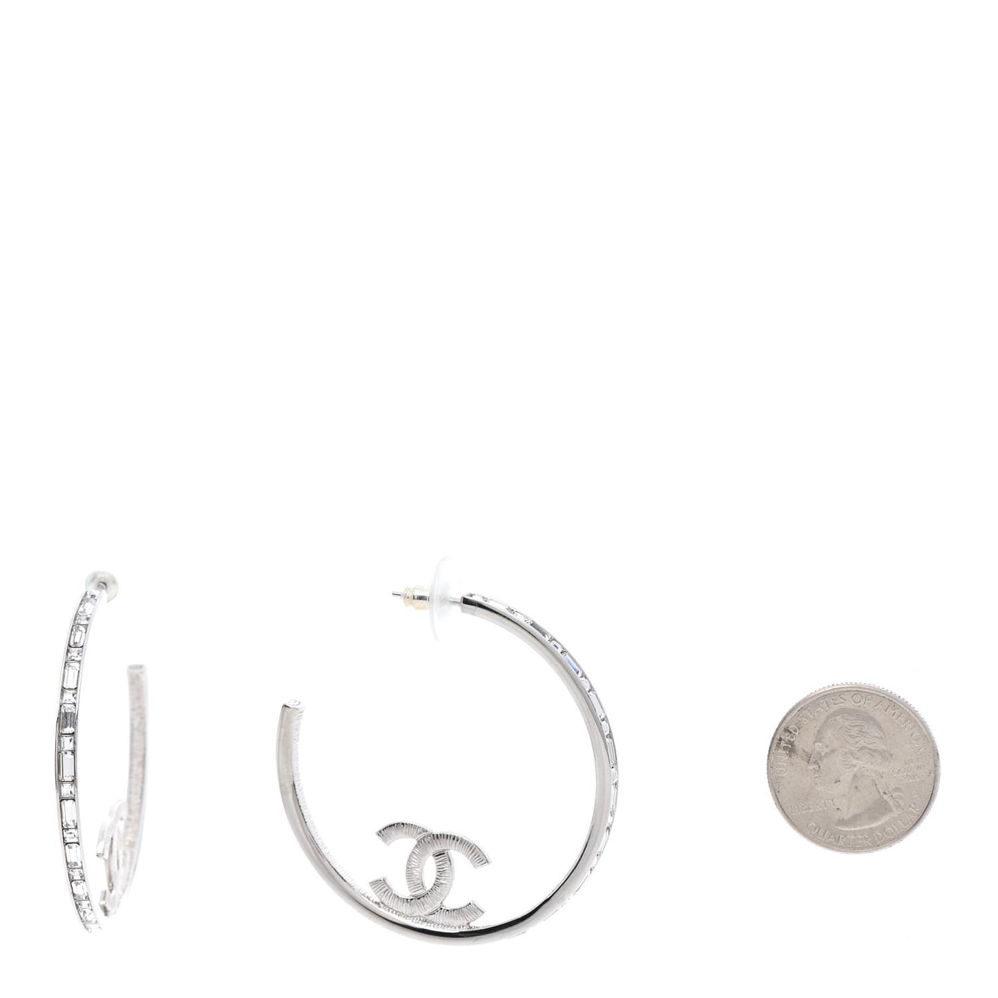 Metal Crystal Baguette CC Large Hoop Earrings Silver