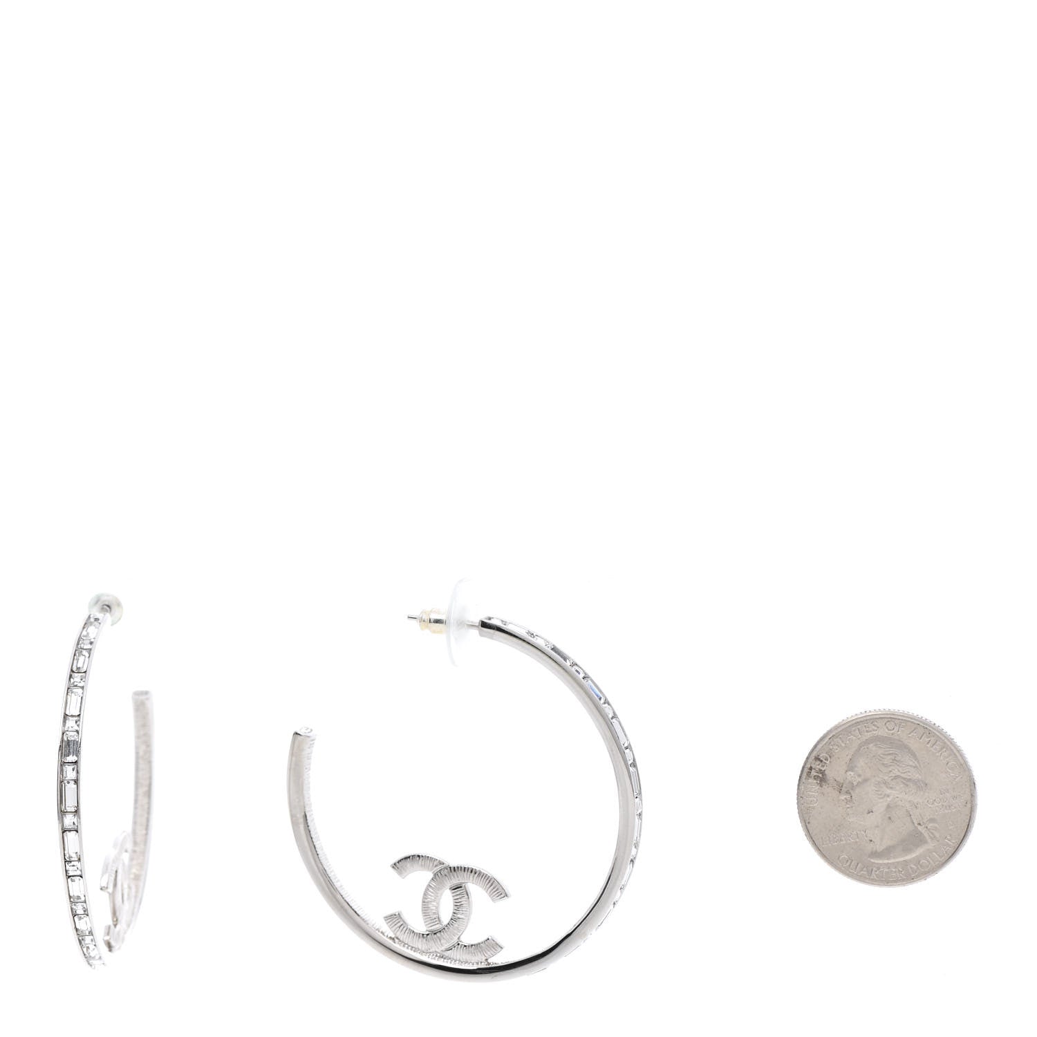 Chanel Metal Crystal Baguette CC Large Hoop Earrings Silver 2 of 5
