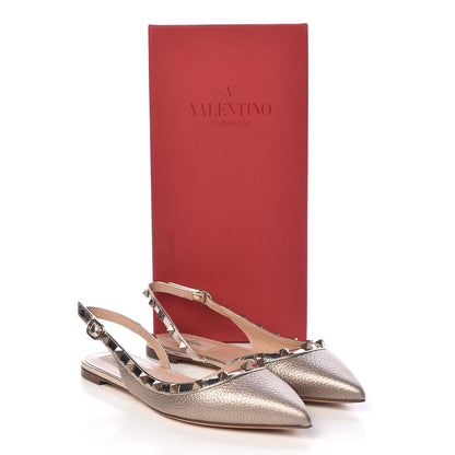 Valentino Garavani Metallic Pebbled Calfskin Patent Rockstud Slingback Flats 38 Skin 9 of 9