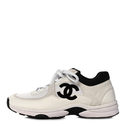 Chanel Mesh Suede Calfskin Grained Calfskin Womens CC Sneakers 39 White Black 1 of 8