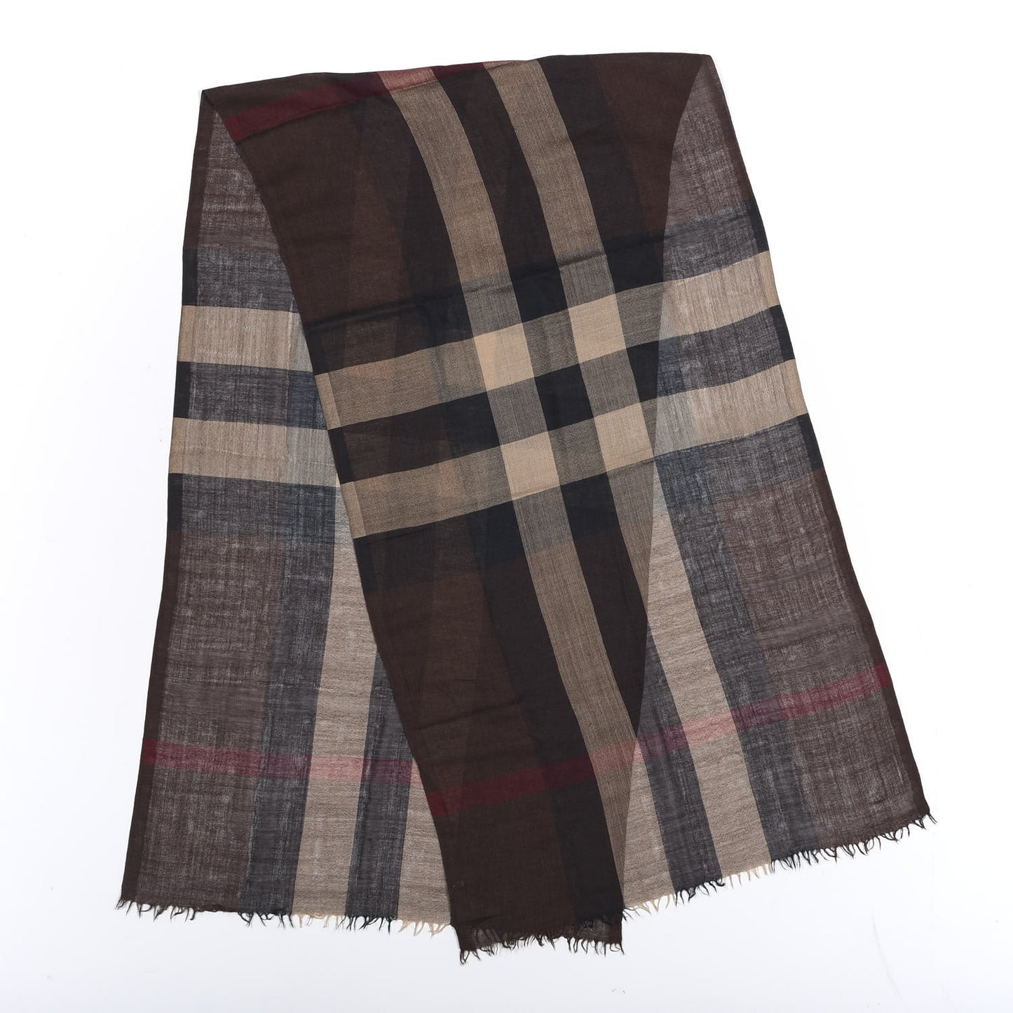 Wool Silk Gauze Giant Exploded Check Scarf Dark Brown