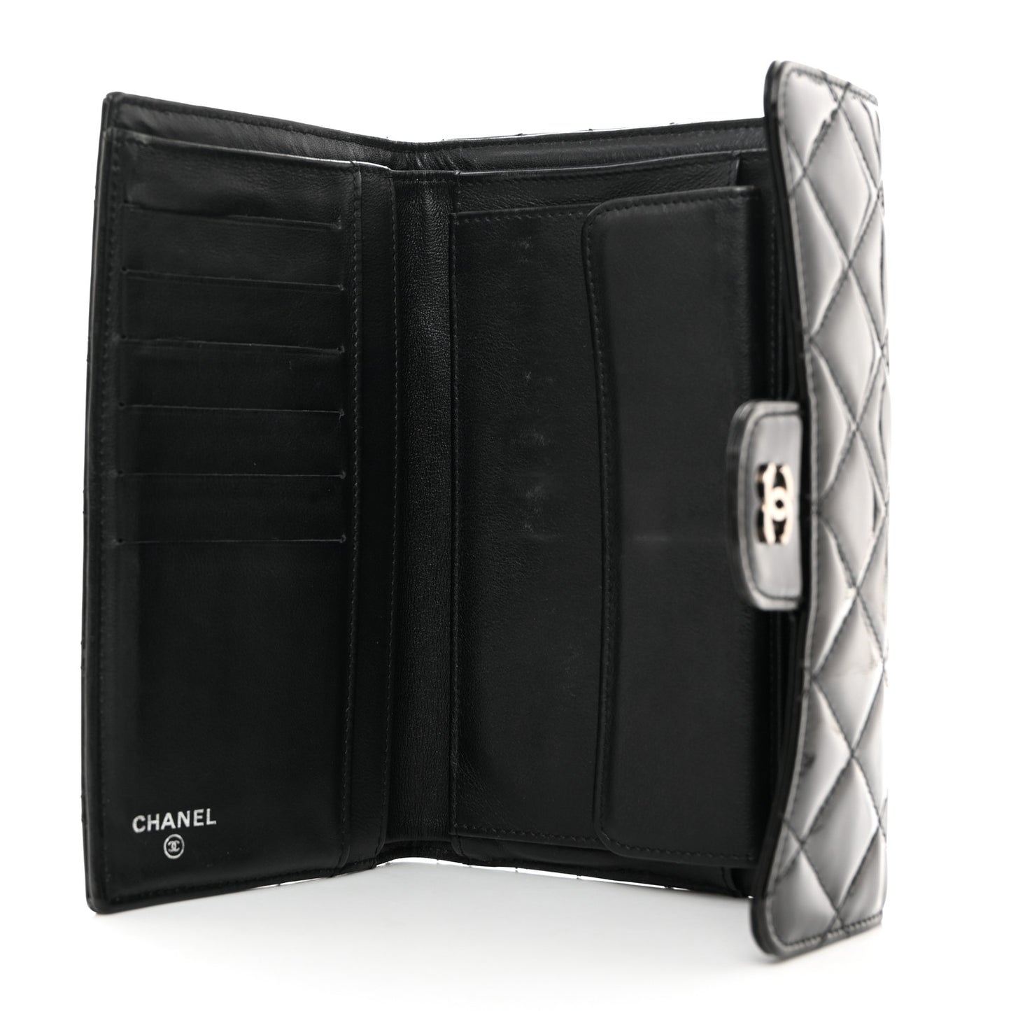 Iridescent Patent Quilted Large Flap Wallet Black