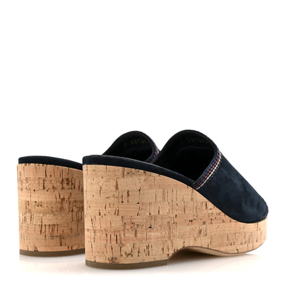 Chanel Suede Calfskin Cork CC Wedge Sandal 39 Navy Blue 5 of 10