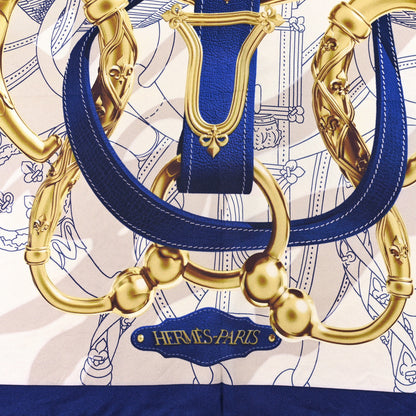 Hermes Silk Cavalcadour Voltigeur Scarf 90 Bleu Roy Creme Cobalt 2 of 3
