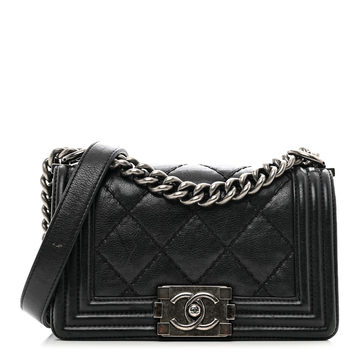 Calfskin Double Stitch Small Boy Flap Black