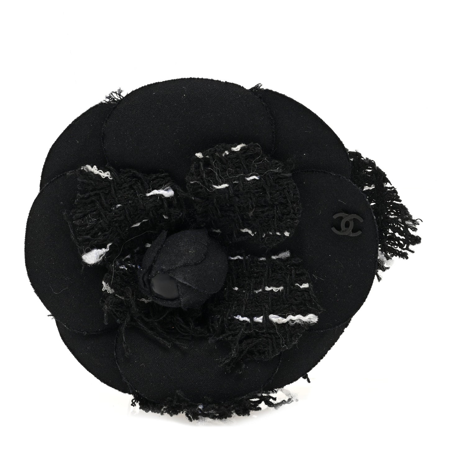 Tweed Camellia Pin Brooch Black White