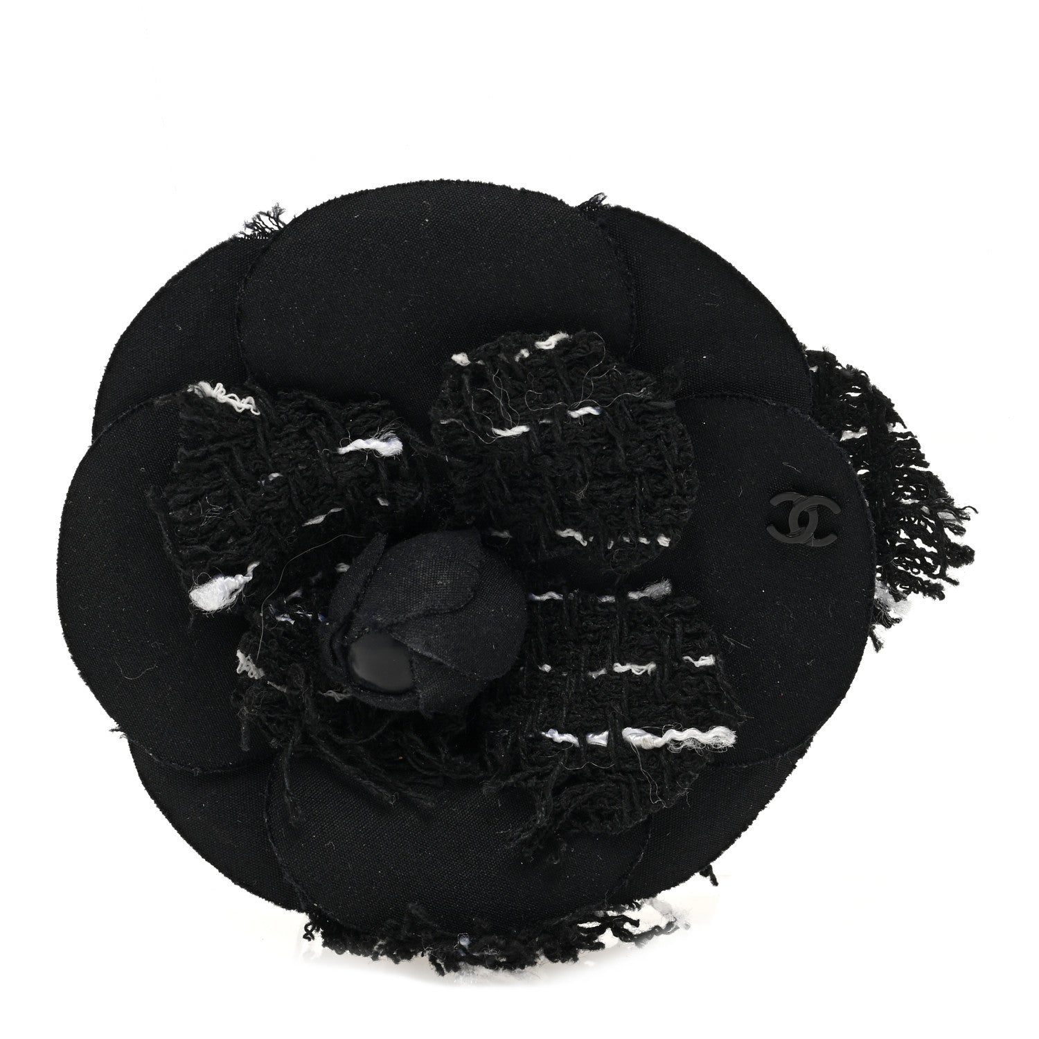 Chanel Tweed Camellia Pin Brooch Black White 1 of 3
