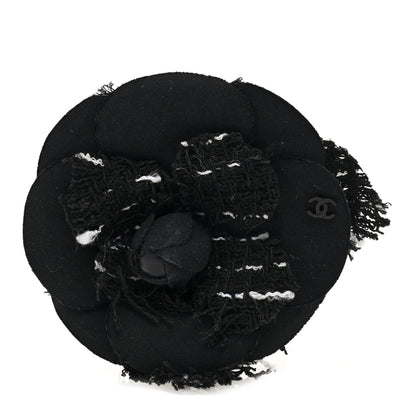 Chanel Tweed Camellia Pin Brooch Black White 1 of 3