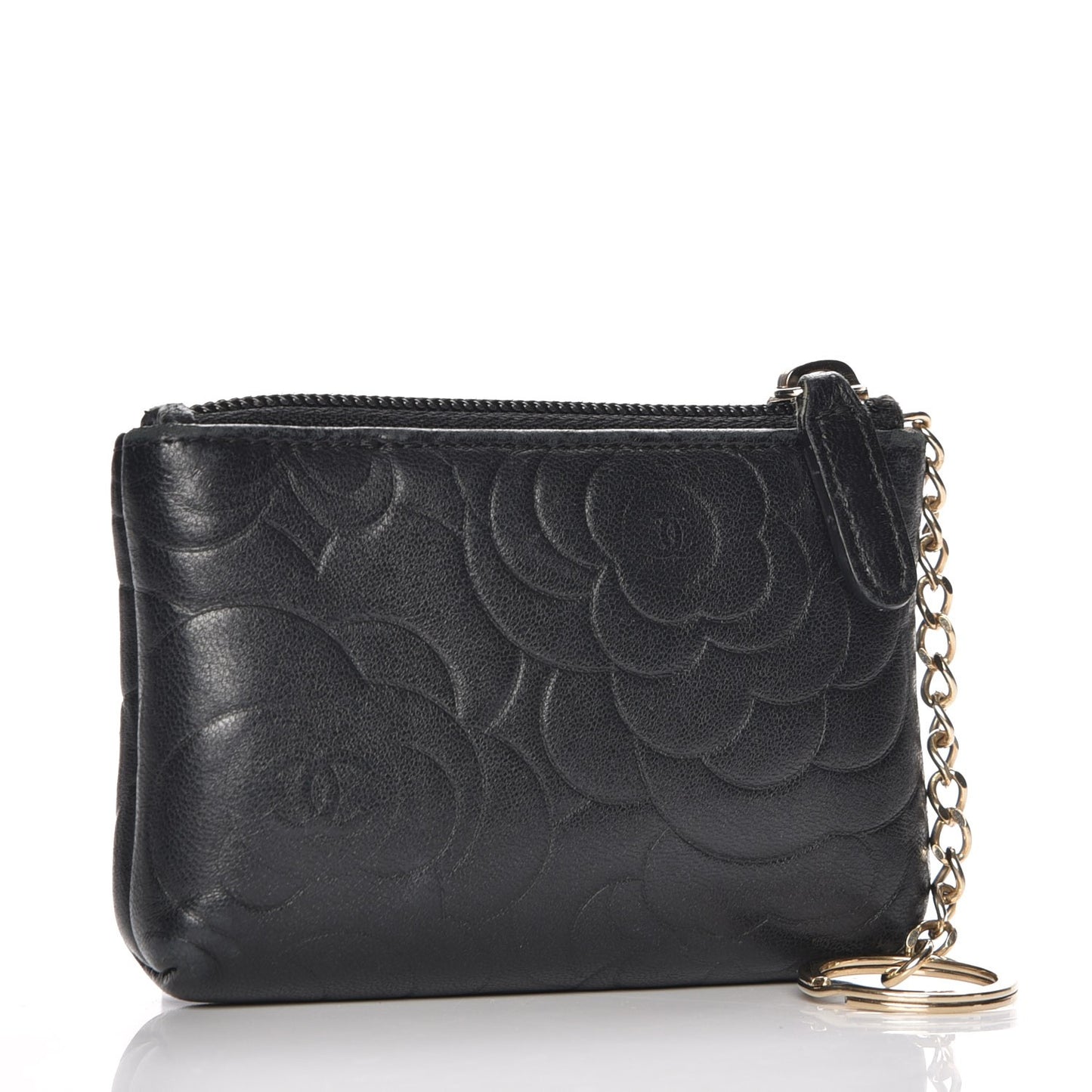 Lambskin Camellia Embossed Key Holder Case Black