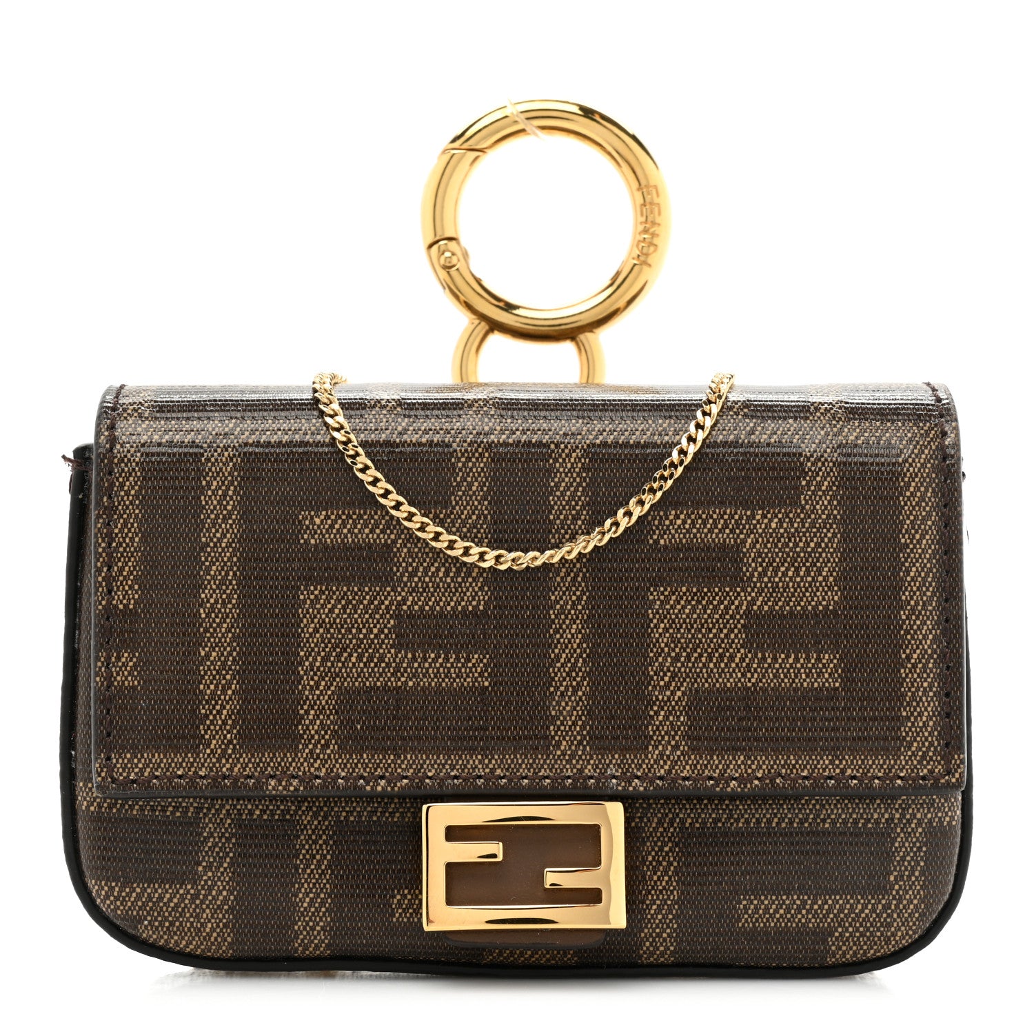 Fendi Glazed Fabric FF 1974 Nano Baguette Charm Mogano Panna 1 of 12