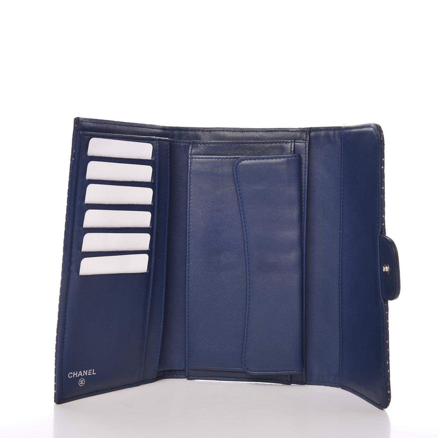 Perforated Lambskin Quilted Large Flap Wallet Blue