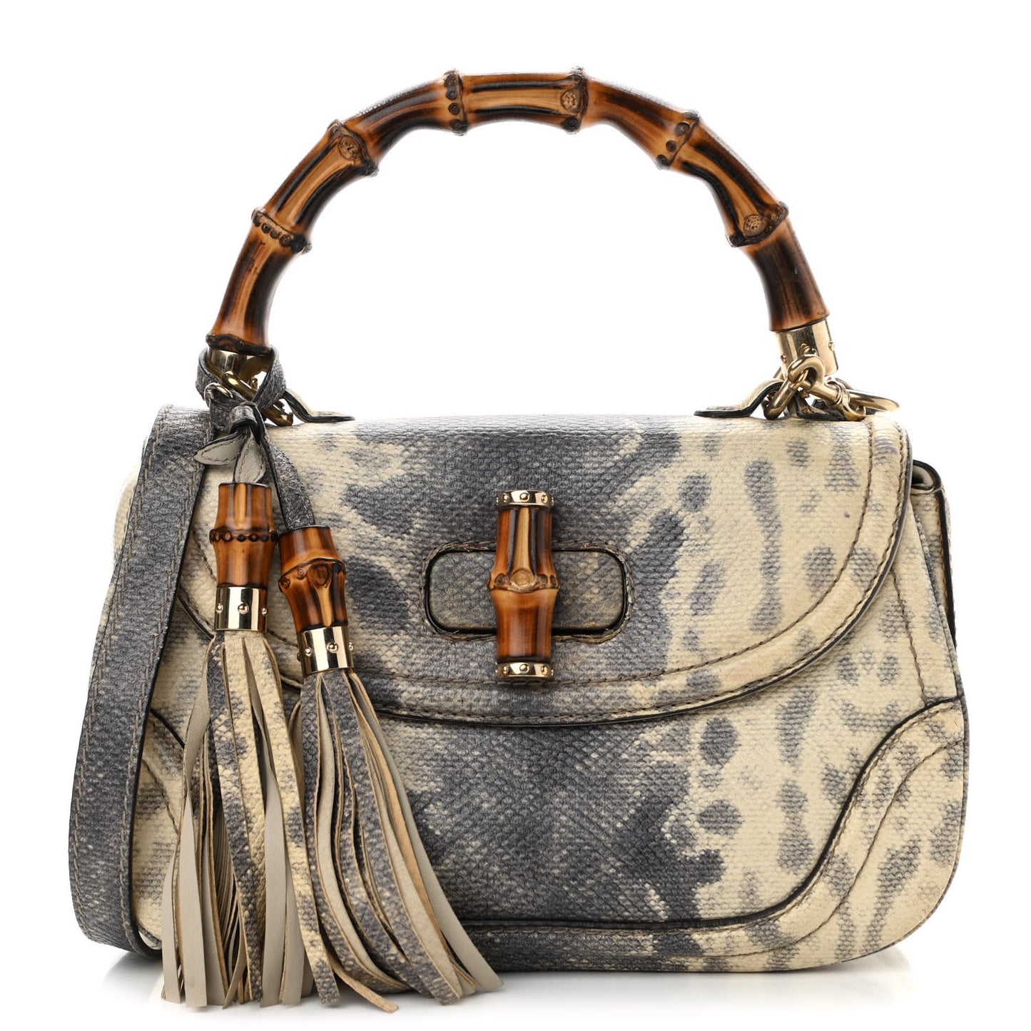 Calfskin Lizard Embossed Medium New Bamboo Top Handle Bag Grey