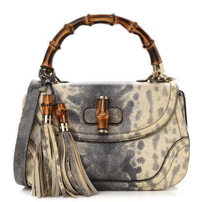 Gucci Calfskin Lizard Embossed Medium New Bamboo Top Handle Bag Grey 1 of 19