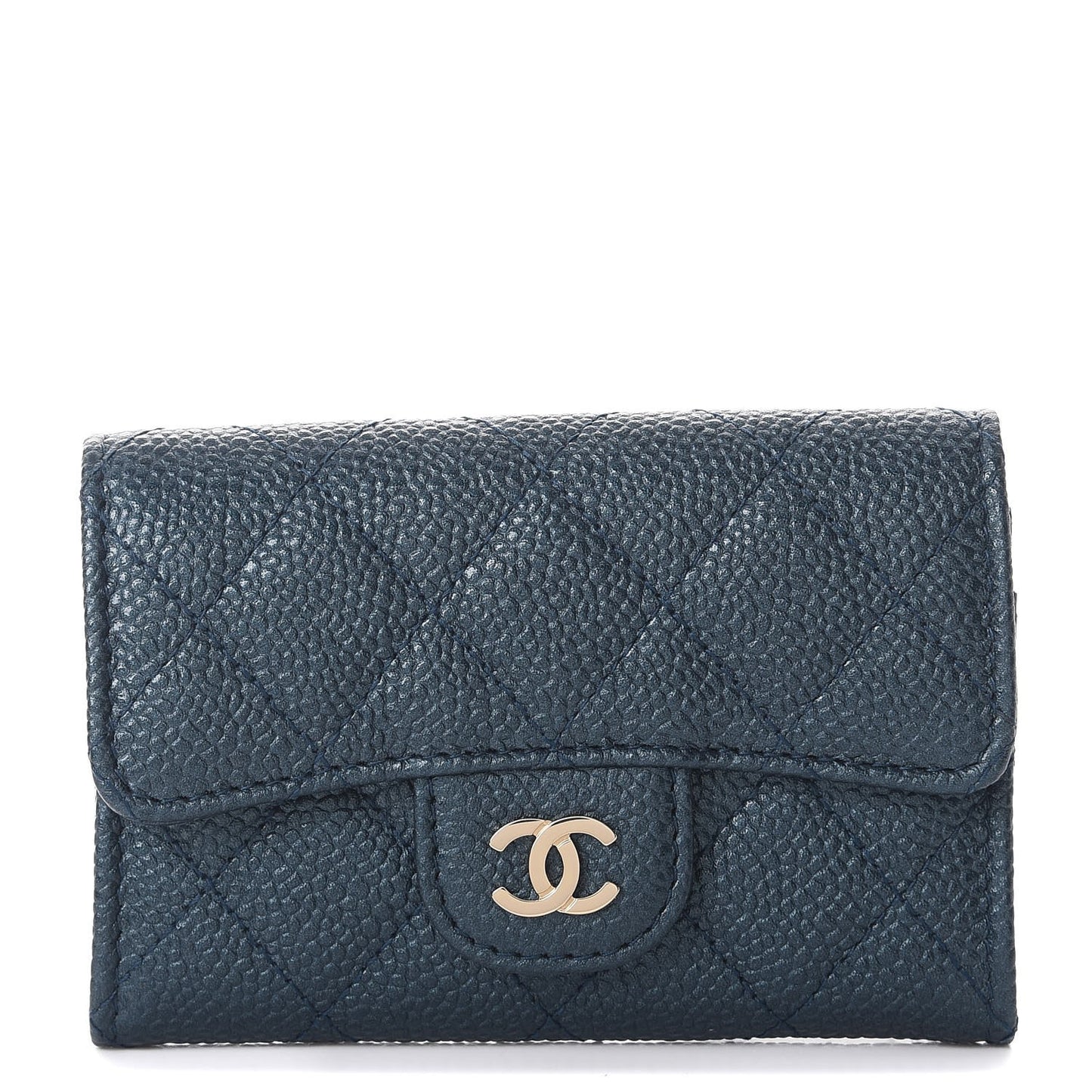 Metallic Caviar Quilted Flap Card Holder Dark Blue