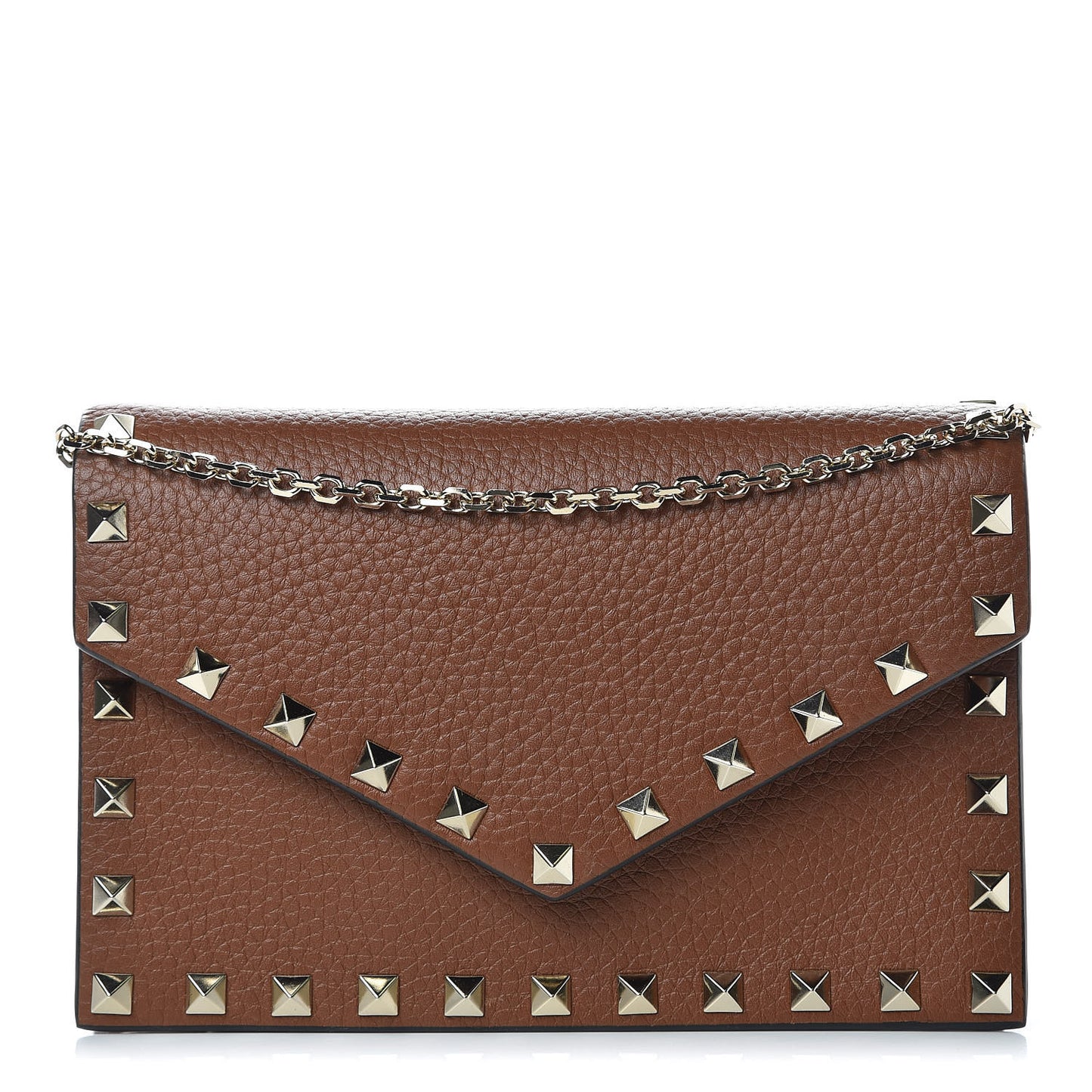 Pebbled Calfskin Rockstud Envelope Wallet on Chain Bright Cognac