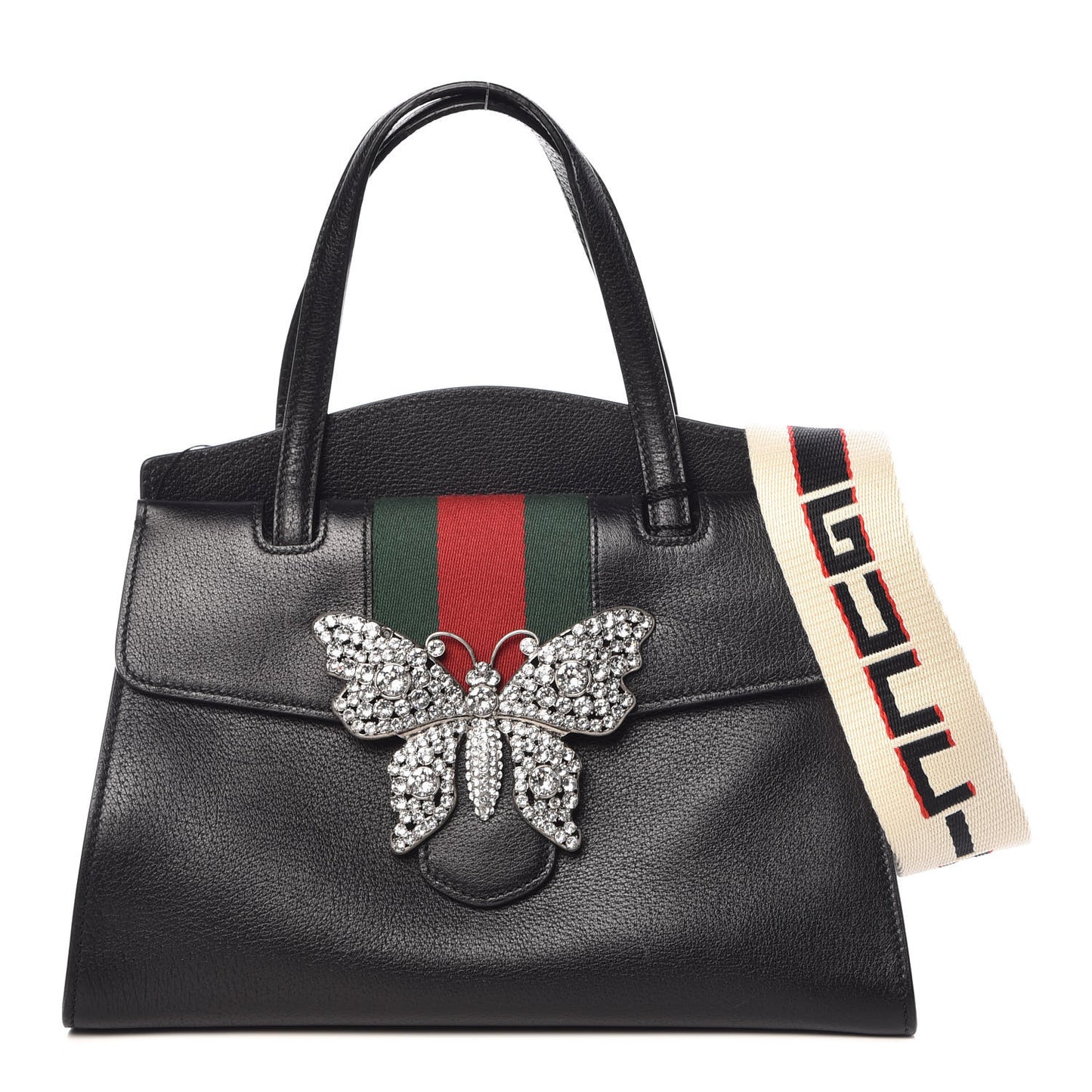 Grained Calfskin Web Crystal Butterfly Stripe Medium Totem Top Handle Bag Black