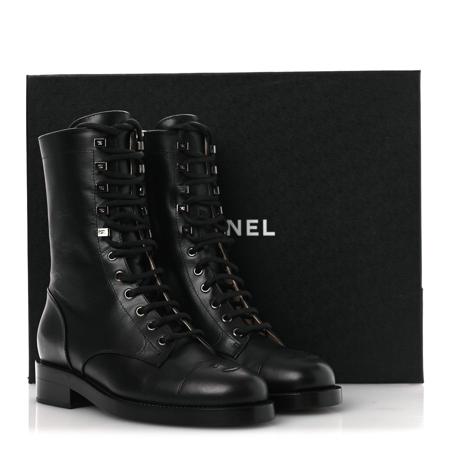Chanel Calfskin Cap Toe Lace Up Combat Boots 37.5 Black 1821129