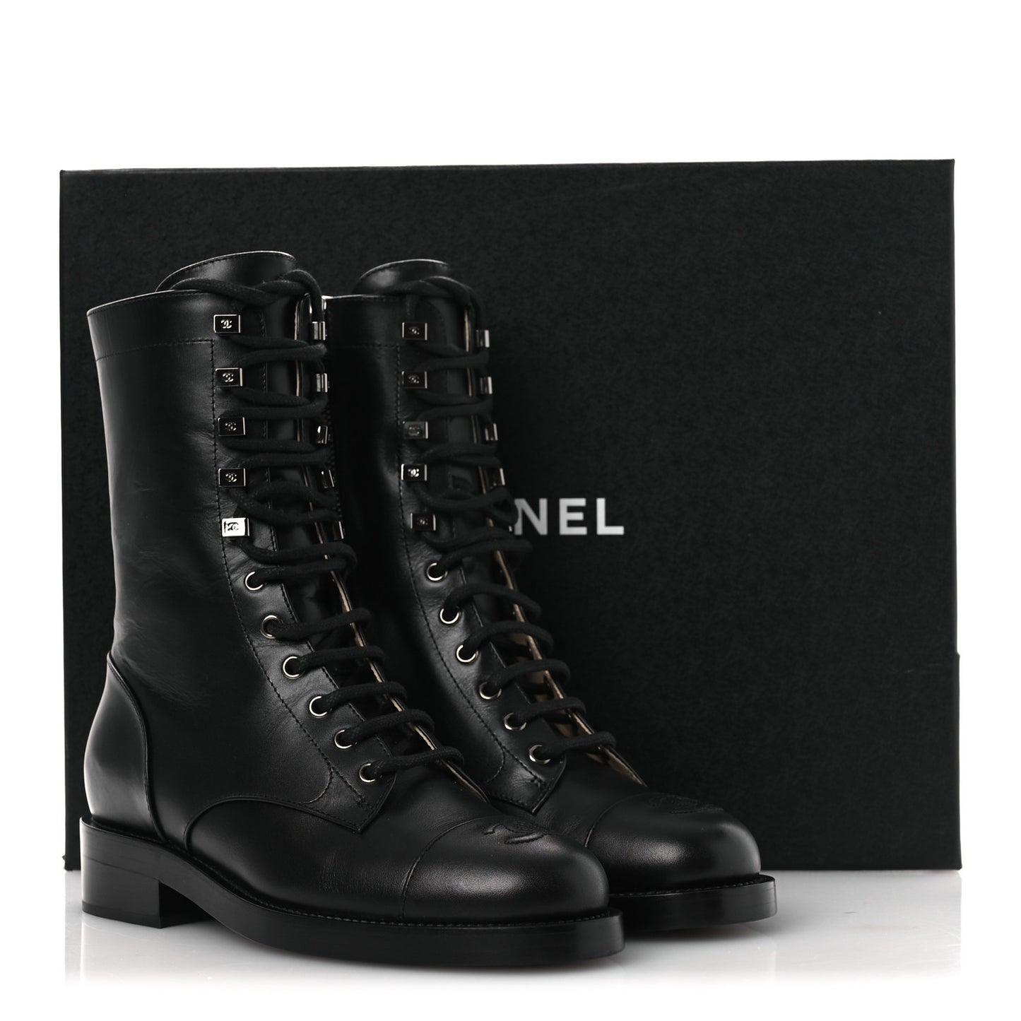 Calfskin Cap Toe Lace Up Combat Boots 37.5 Black