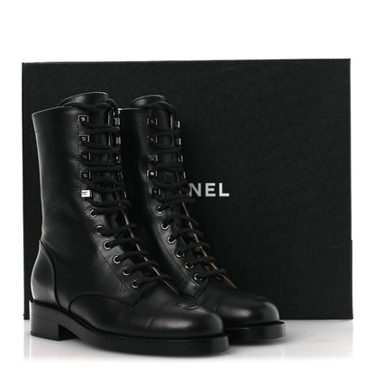 Chanel Calfskin Cap Toe Lace Up Combat Boots 37.5 Black 11 of 11