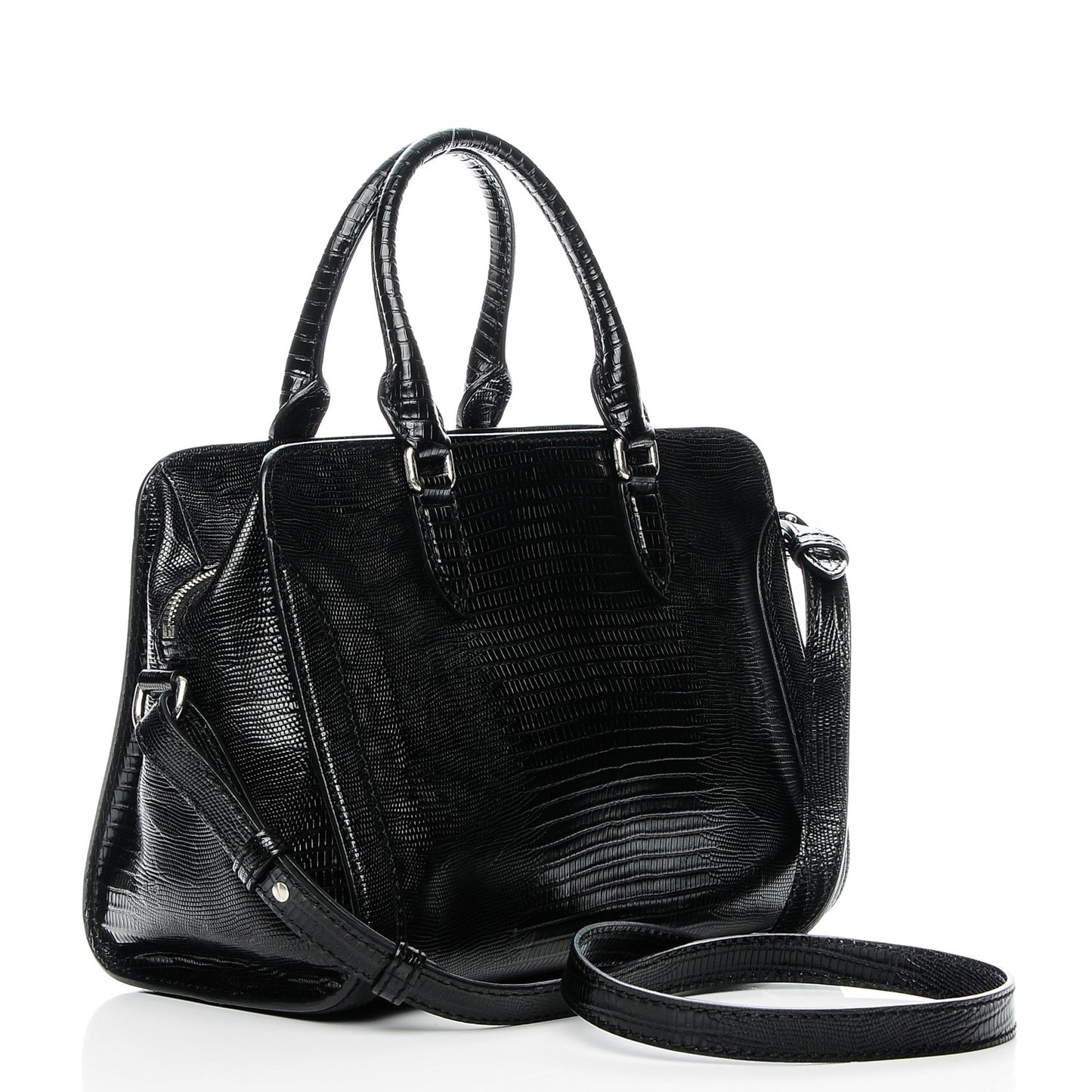 Calfskin Lizard Embossed Small Skull Padlock Zip Around Tote Black