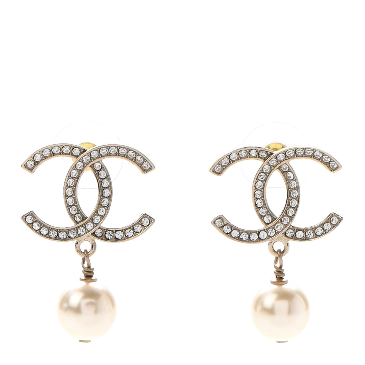 Crystal Pearl CC Drop Earrings Gold