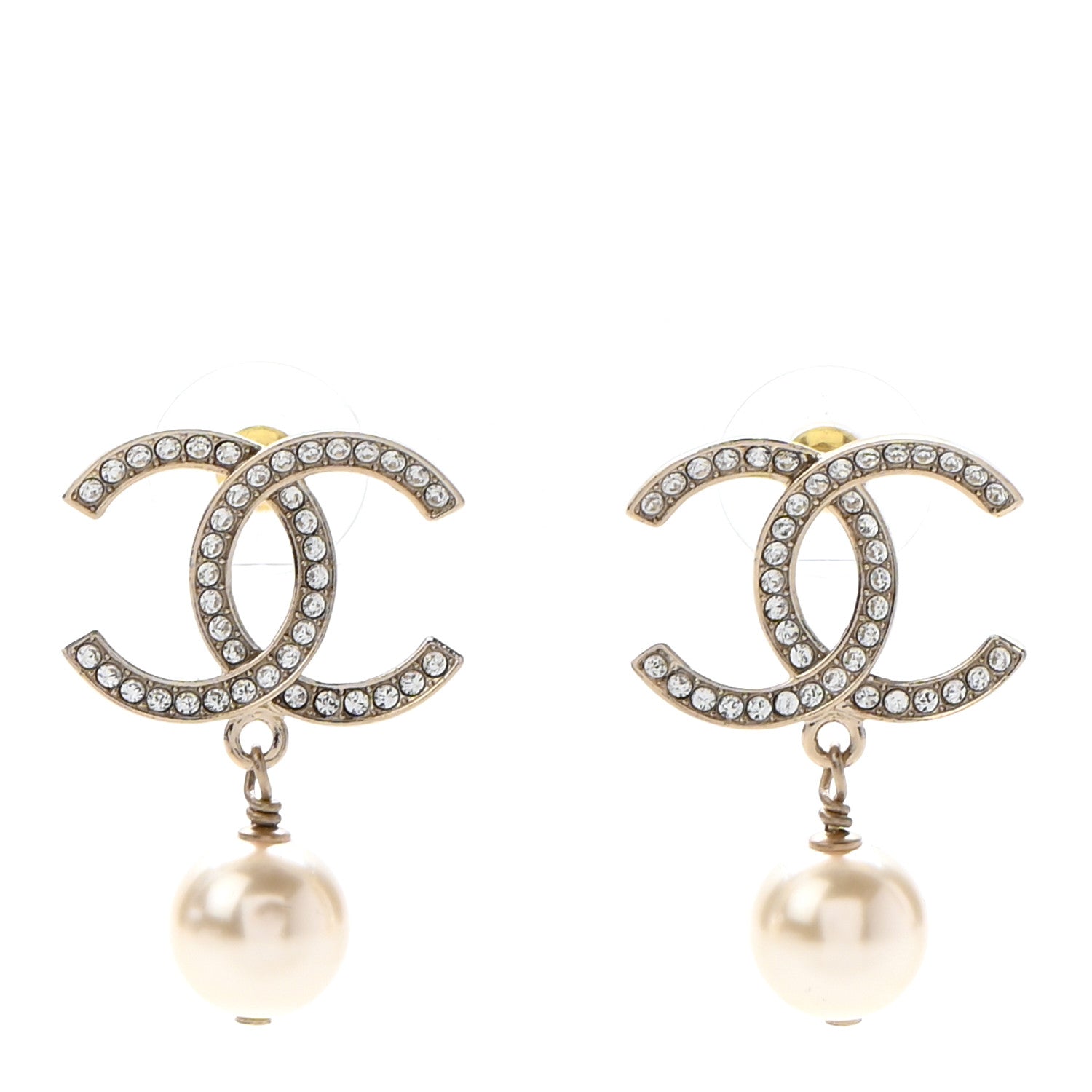 Chanel Crystal Pearl CC Drop Earrings Gold 1 of 4