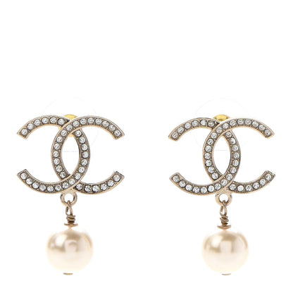 Chanel Crystal Pearl CC Drop Earrings Gold 1 of 4