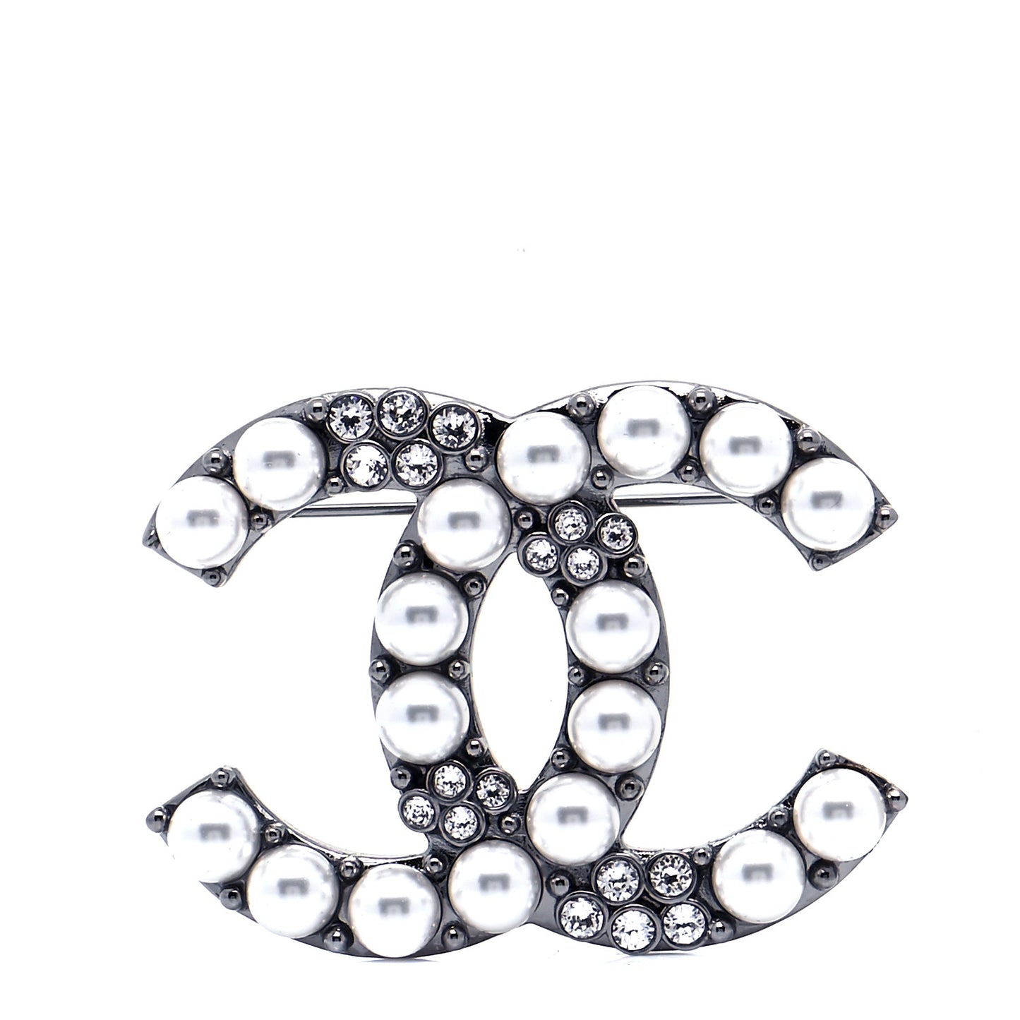 Pearl Crystal CC Brooch Silver