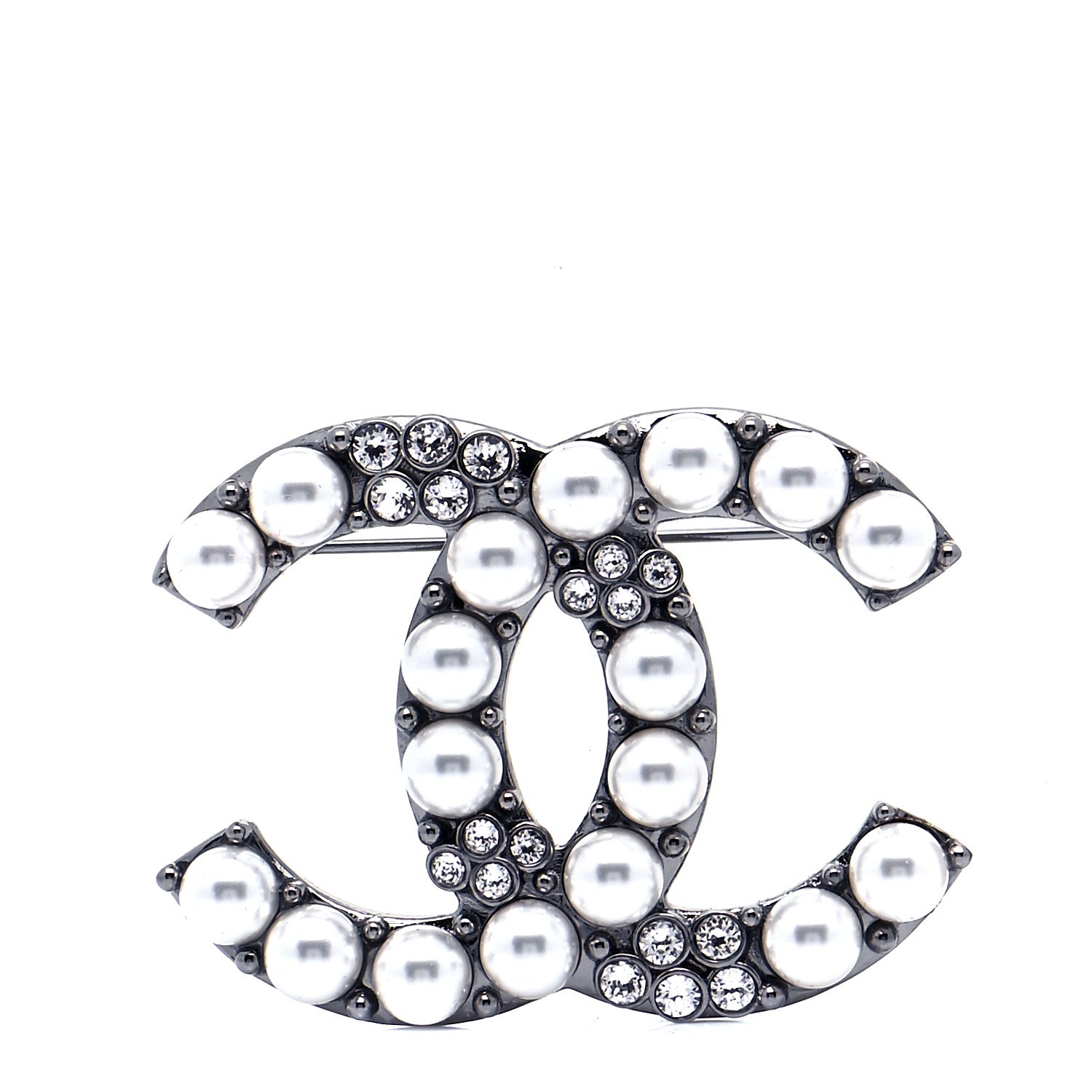 Chanel Pearl Crystal CC Brooch Silver 1 of 5
