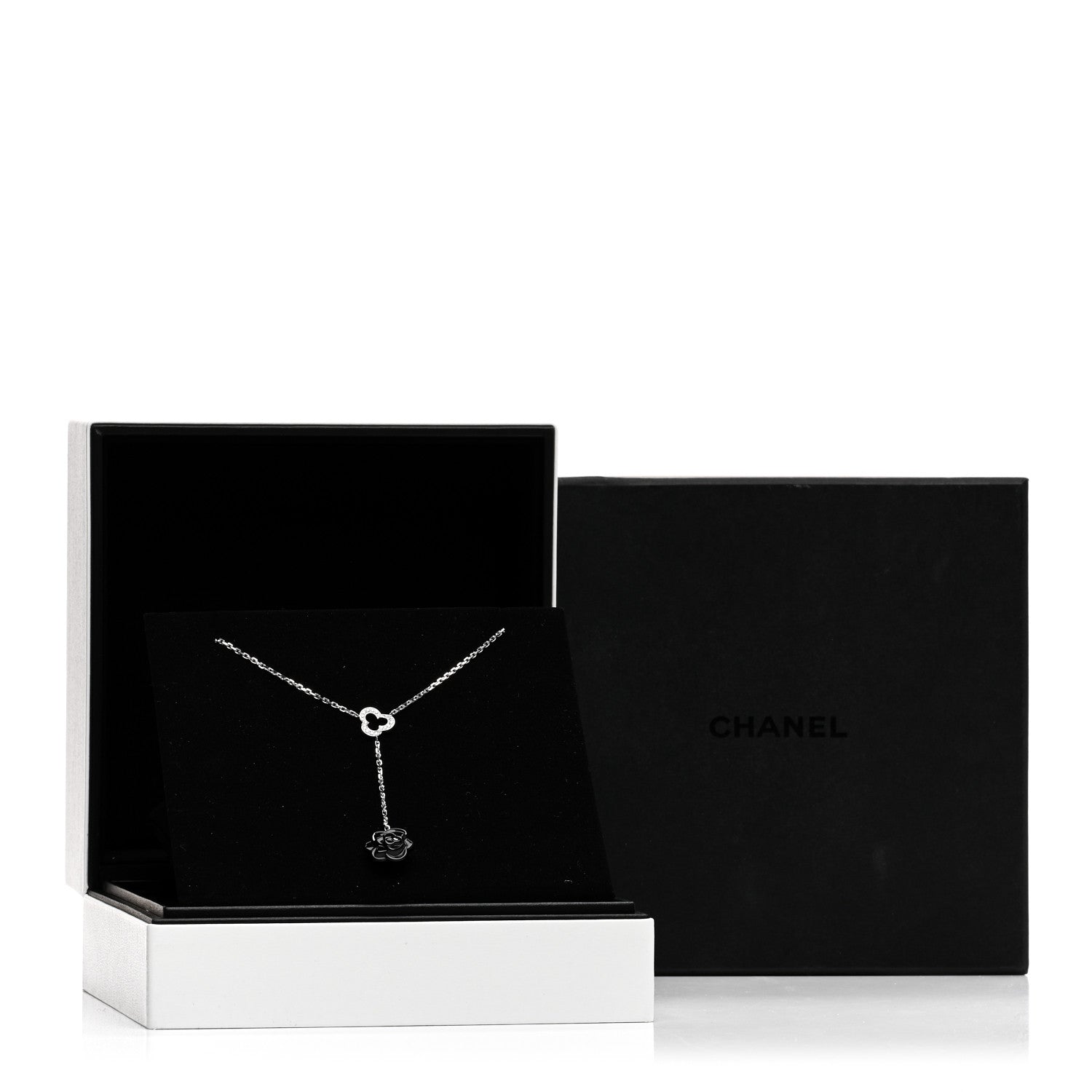 Chanel 18K White Gold Diamond Black Onyx Camelia Sculpte Drop Pendant Necklace 5 of 5