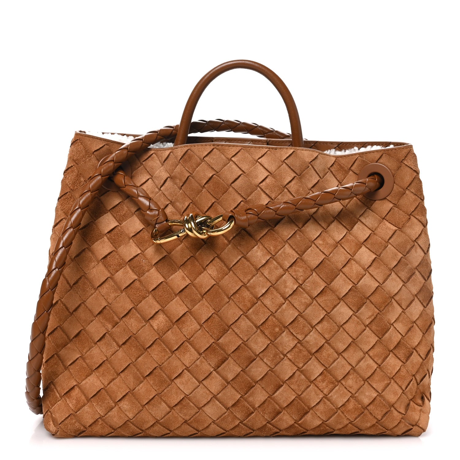 Bottega Veneta Suede Shearling Intrecciato Medium Andiamo Shoulder Bag Amber 1 of 9