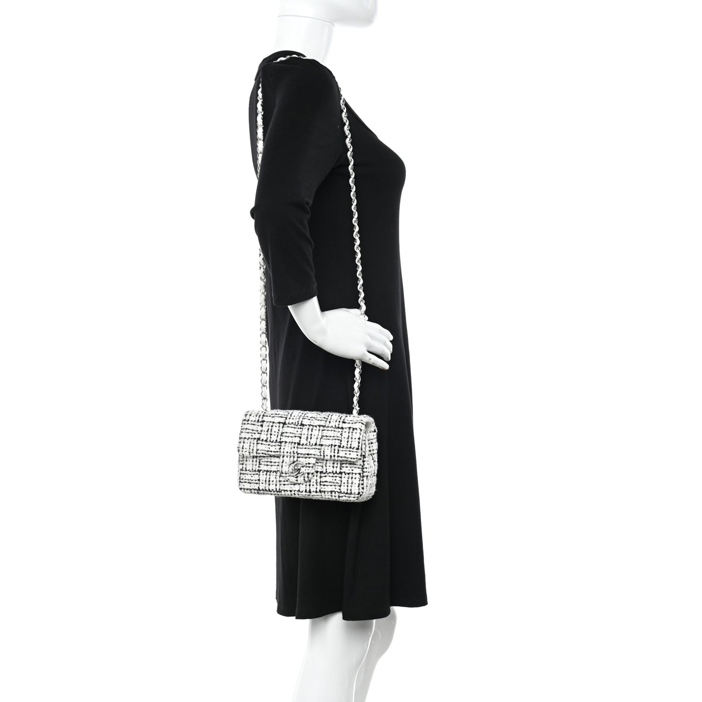 Tweed Quilted Mini Rectangular Flap White Black