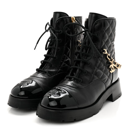 Chanel Shiny Calfskin Patent Quilted Chain Lace Up Combat Boots 38 Black 3 of 10