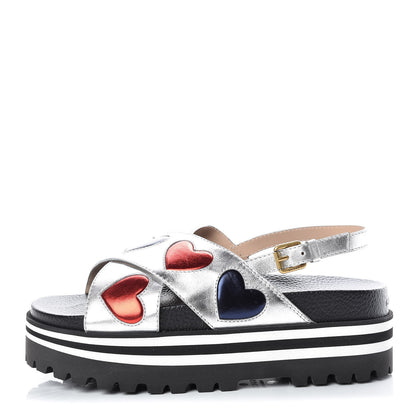 Gucci Metallic Nappa Silk Sunrise Heart Crossover Platform Lug Sole Sandals 38 Argento 1 of 7