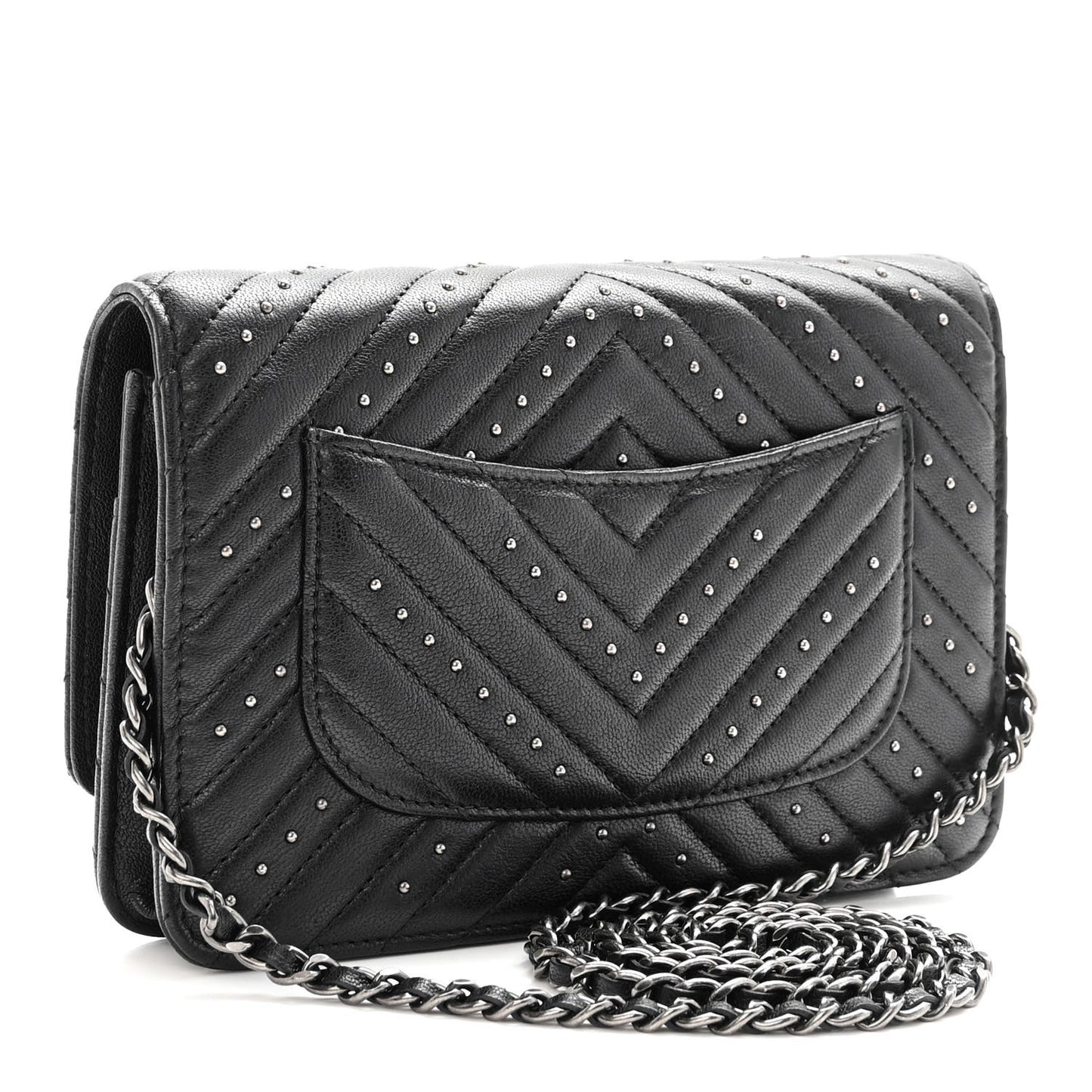 Sheepskin Chevron Quilted Studded Reissue Wallet On Chain WOC Black