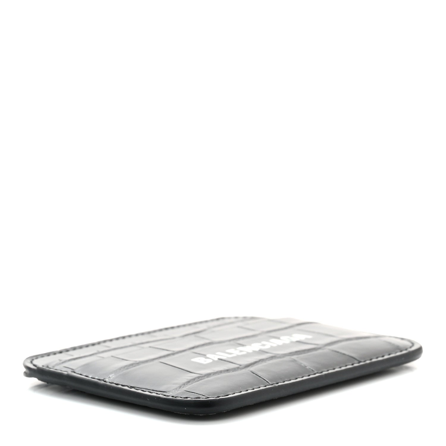 Balenciaga Shiny Calfskin Logo Crocodile Embossed Cash Rounded Card Holder Black White 4 of 9