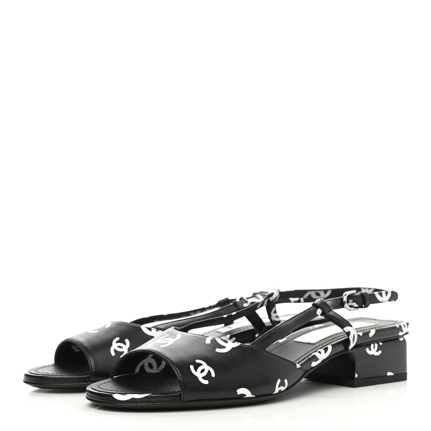 Chanel Printed Lambskin CC Slingback Sandals 37.5 Black White 3 of 9