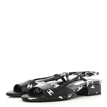 Chanel Printed Lambskin CC Slingback Sandals 37.5 Black White 3 of 9