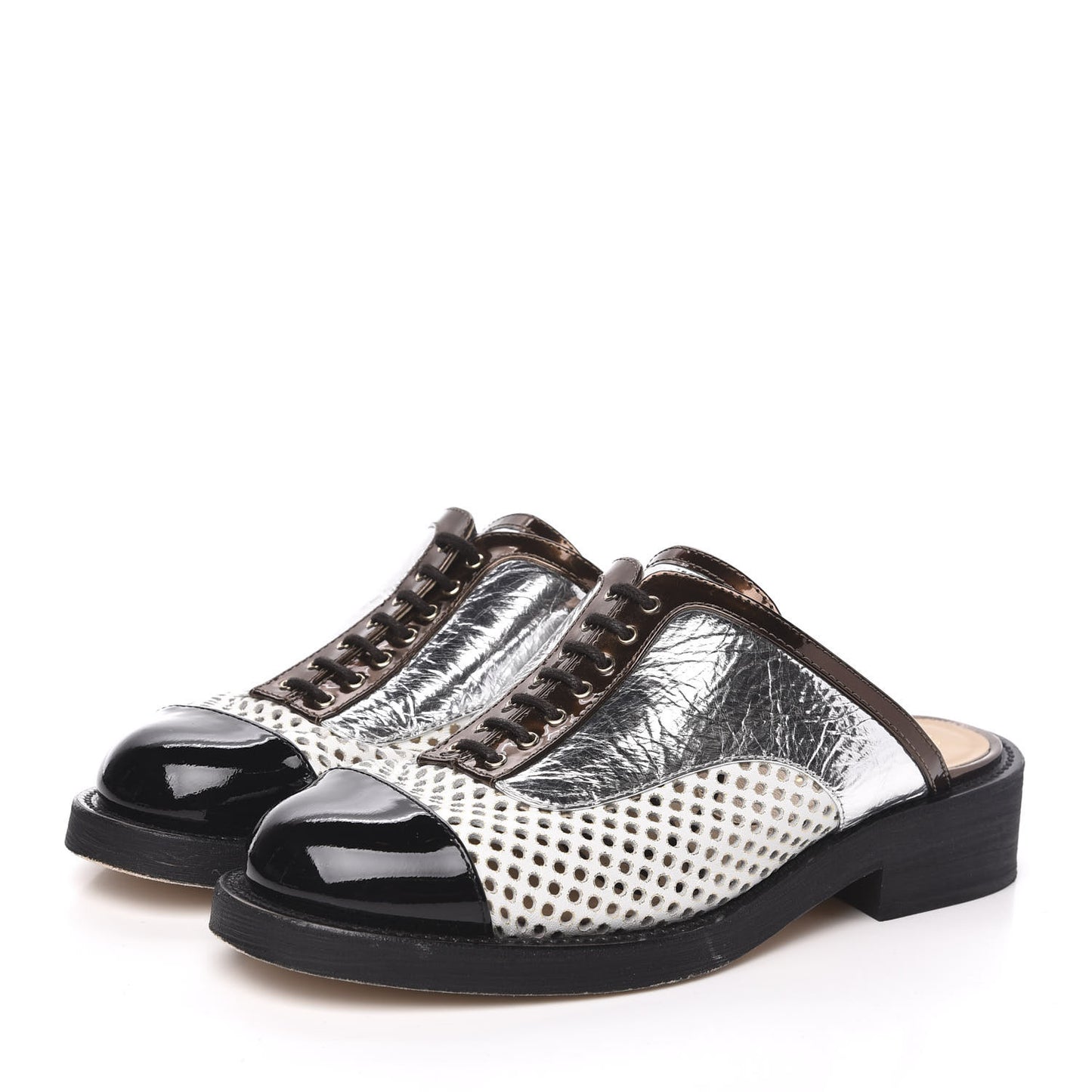 Lambskin Perforated Cap Toe Lace Up Mules 37.5 Silver Black