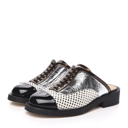 Chanel Lambskin Perforated Cap Toe Lace Up Mules 37.5 Silver Black 3 of 8