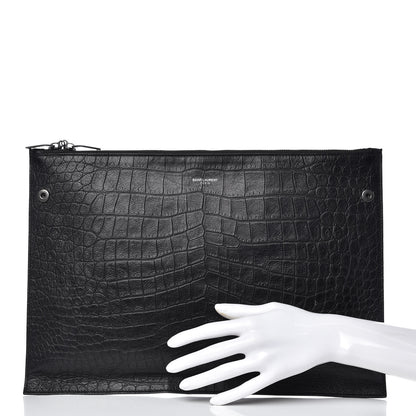 Saint Laurent Calfskin Crocodile Embossed Large Sac De Jour Carryall Pouch Black 2 of 8