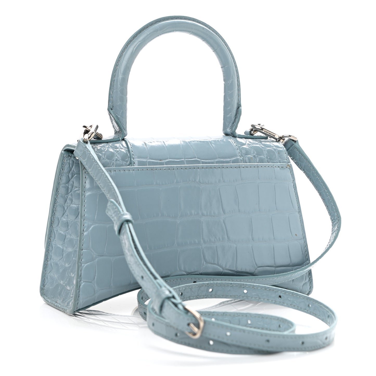 Shiny Calfskin Crocodile Embossed Hourglass Top Handle Bag XS Blue Grey