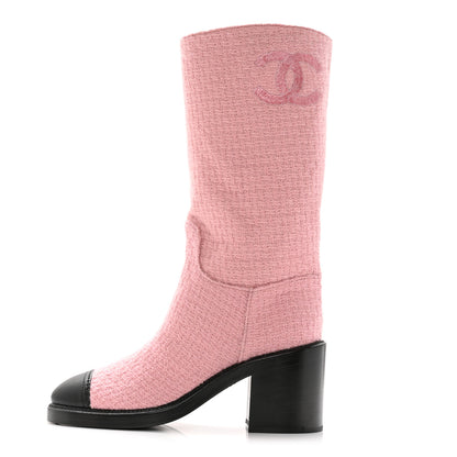 Chanel Wool Tweed Calfskin Cap Toe High Boots 39.5 Light Pink Black 1 of 11