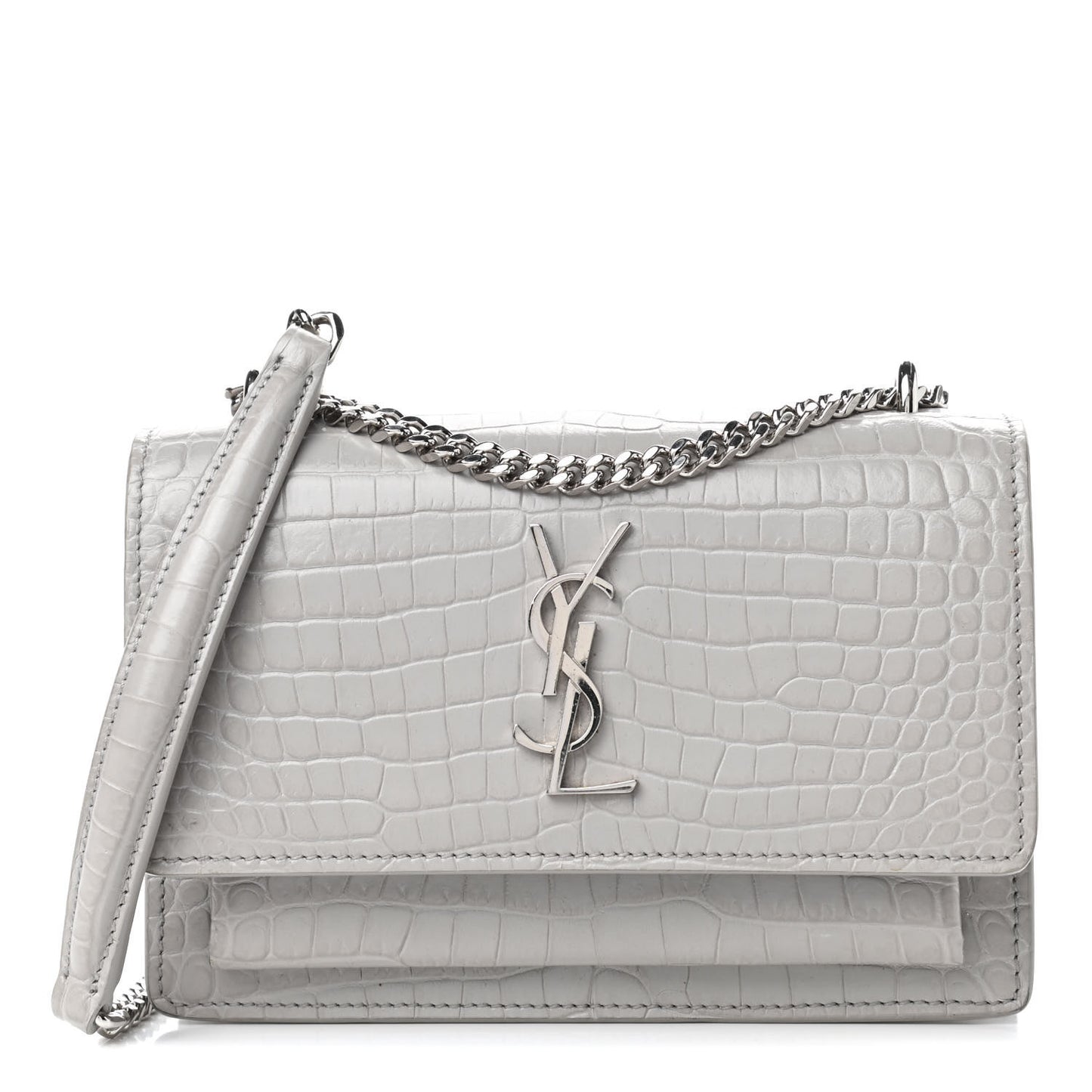 Calfskin Crocodile Embossed Monogram Sunset Chain Wallet Mouse Grey