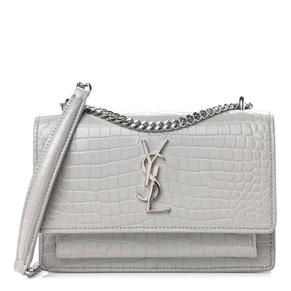 Saint Laurent Calfskin Crocodile Embossed Monogram Sunset Chain Wallet Mouse Grey 1 of 5