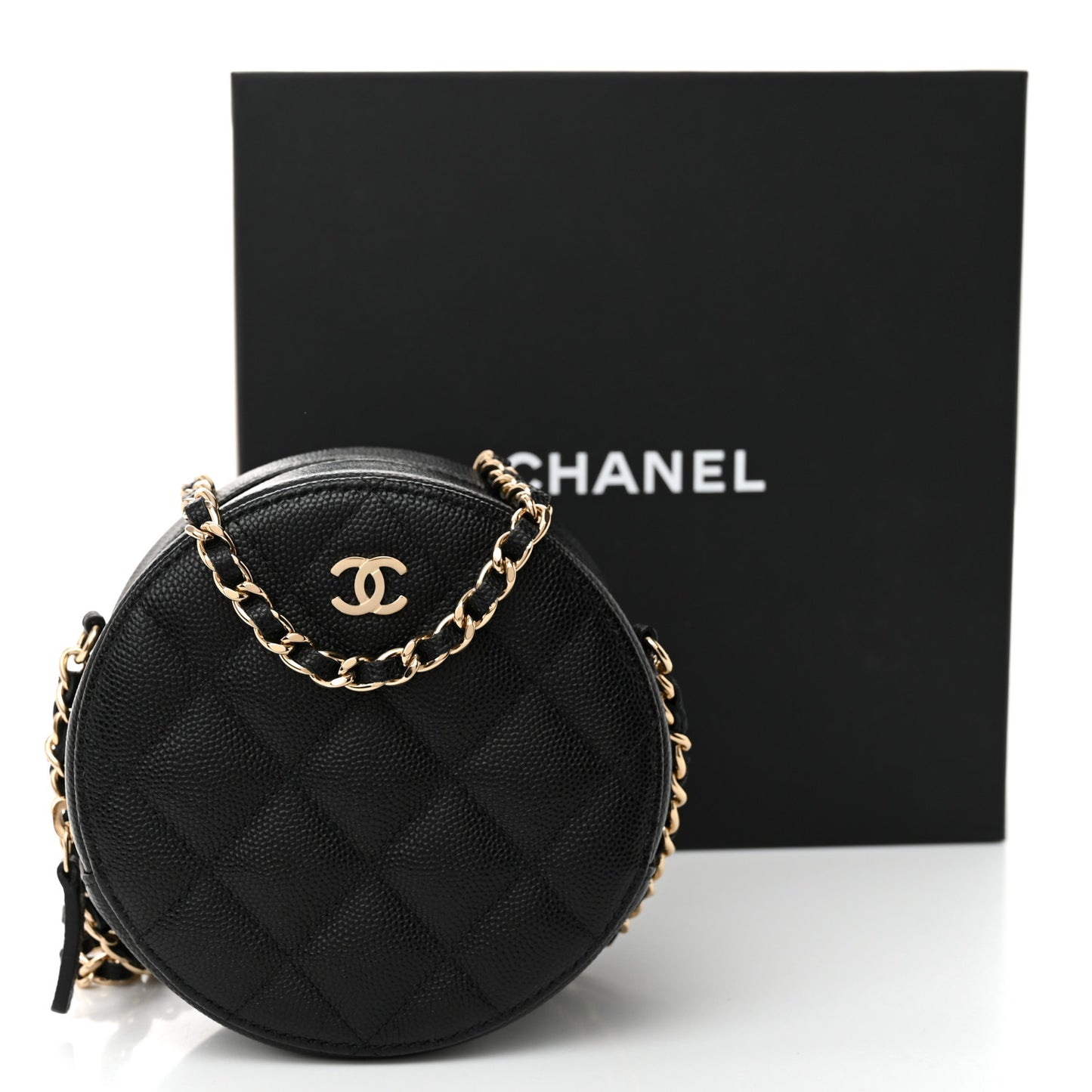 Caviar Quilted Round Clutch With Chain  Black