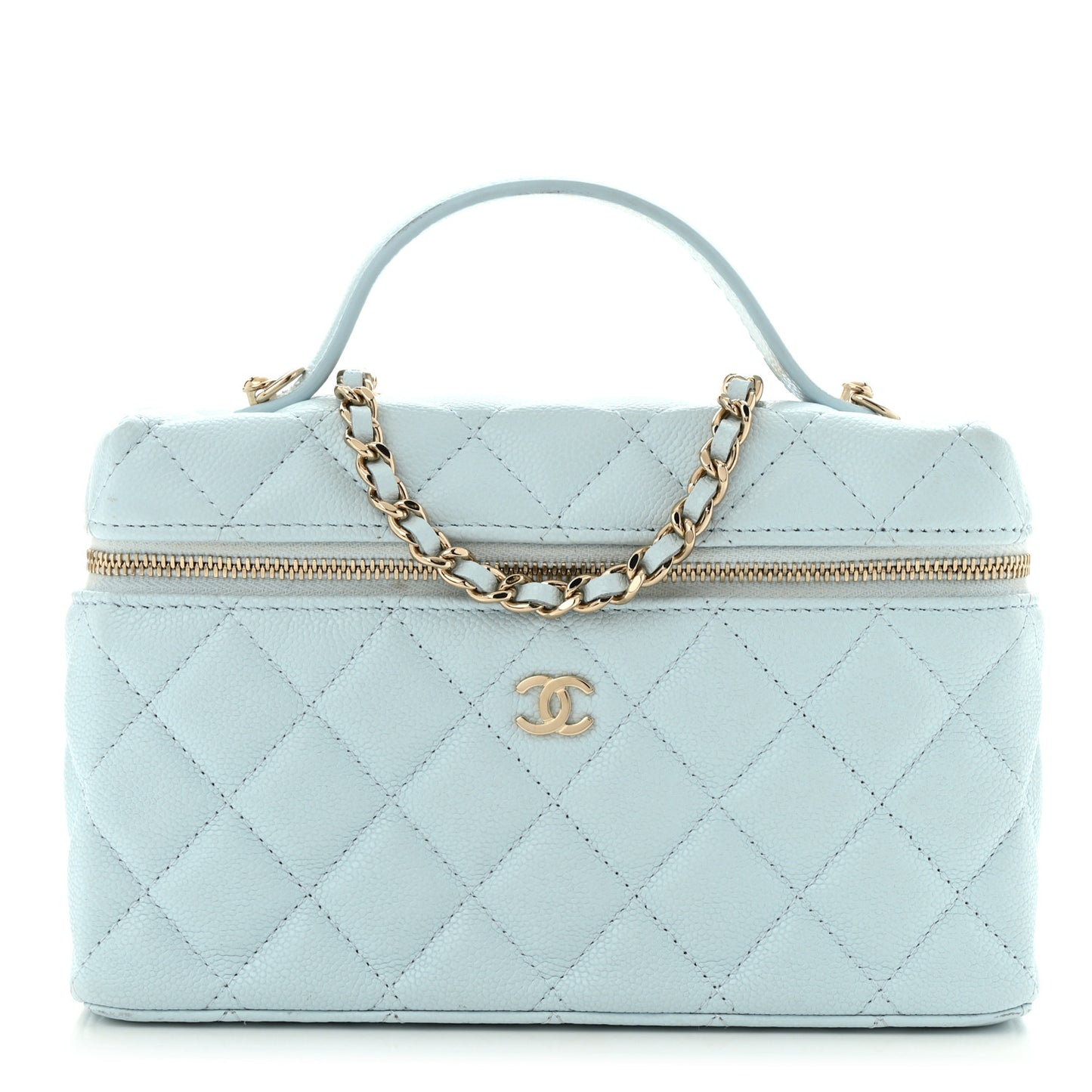 Caviar Quilted Top Handle Slim Vanity With Chain Light Blue