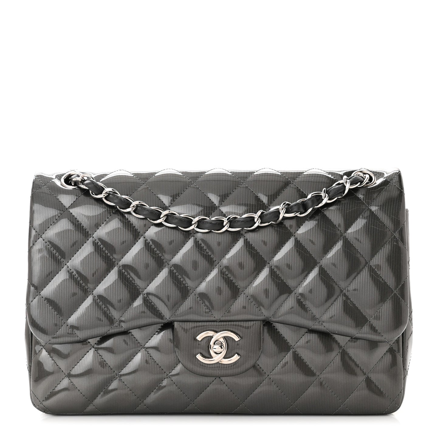 Striated Patent Quilted Jumbo Double Flap Grey