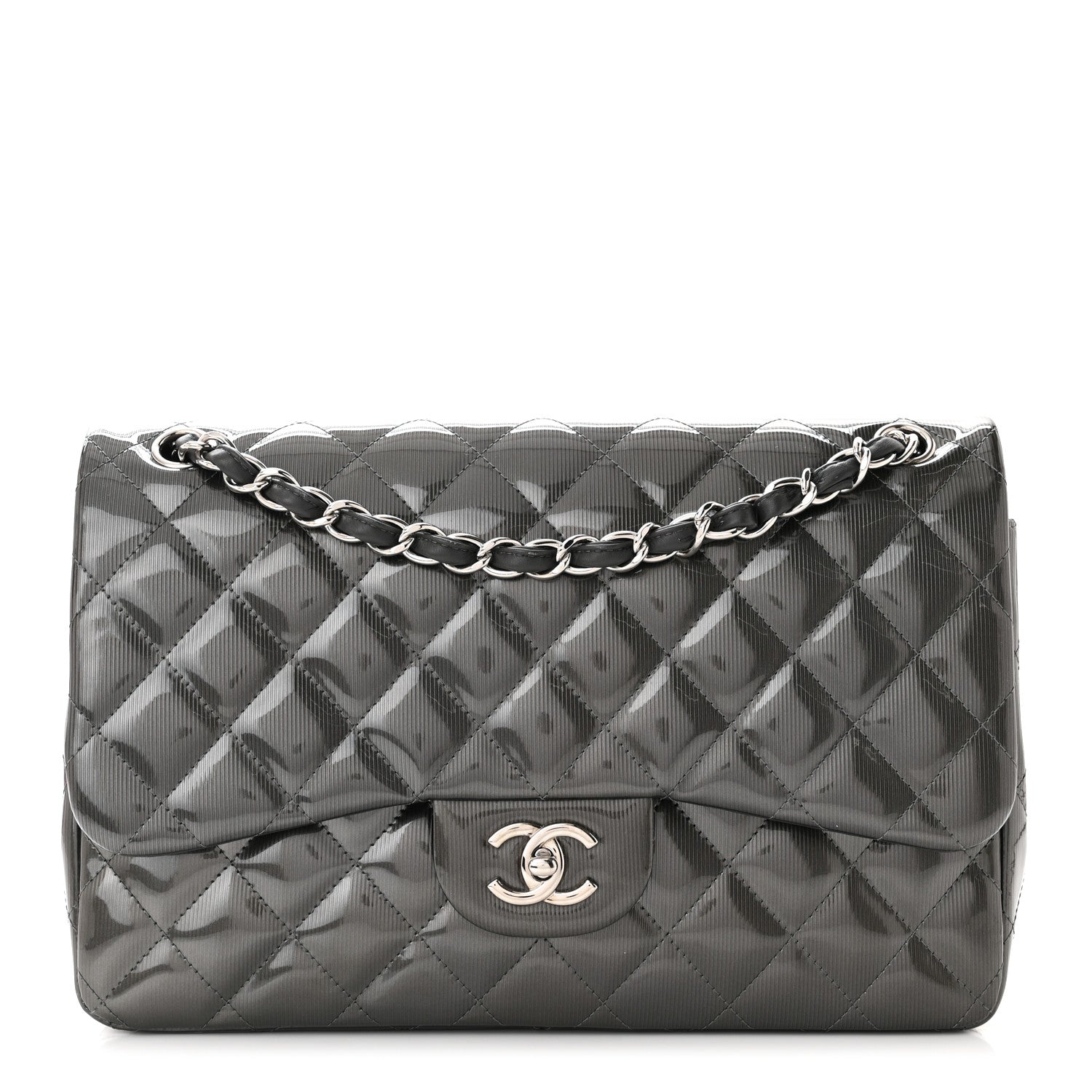 Chanel Striated Patent Quilted Jumbo Double Flap Grey 1 of 13